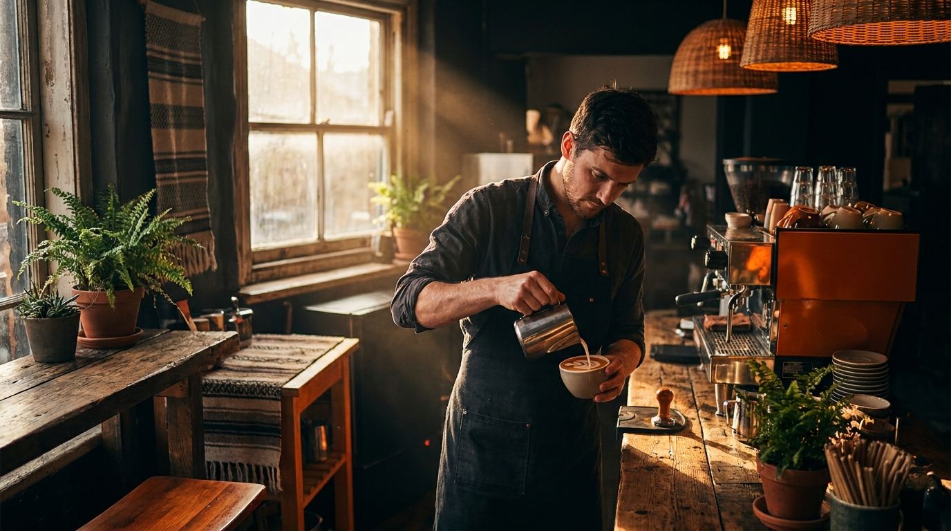 Barista sirviendo latte art