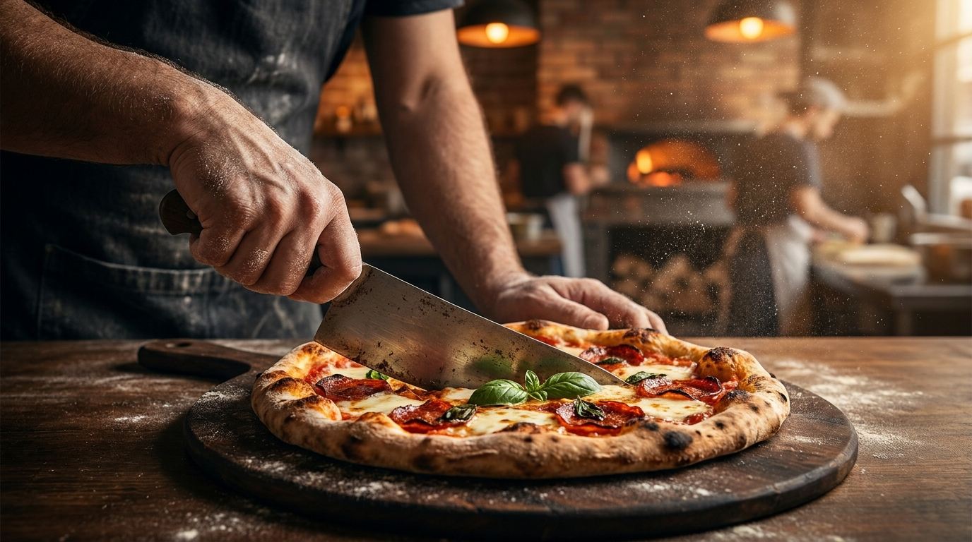 Pizzaiolo cortando pizza artesanal