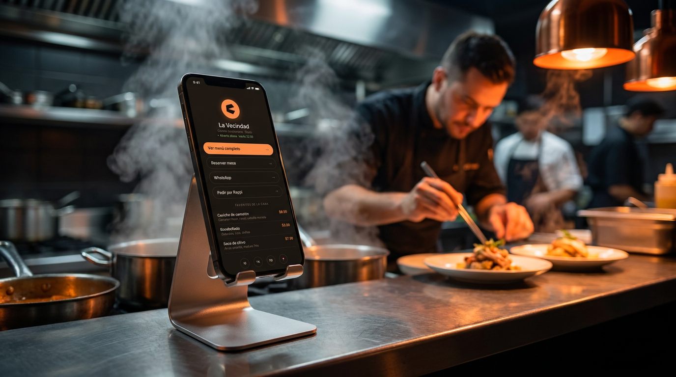 Teléfono con pedidos de Apetí en el pase de una cocina de restaurante