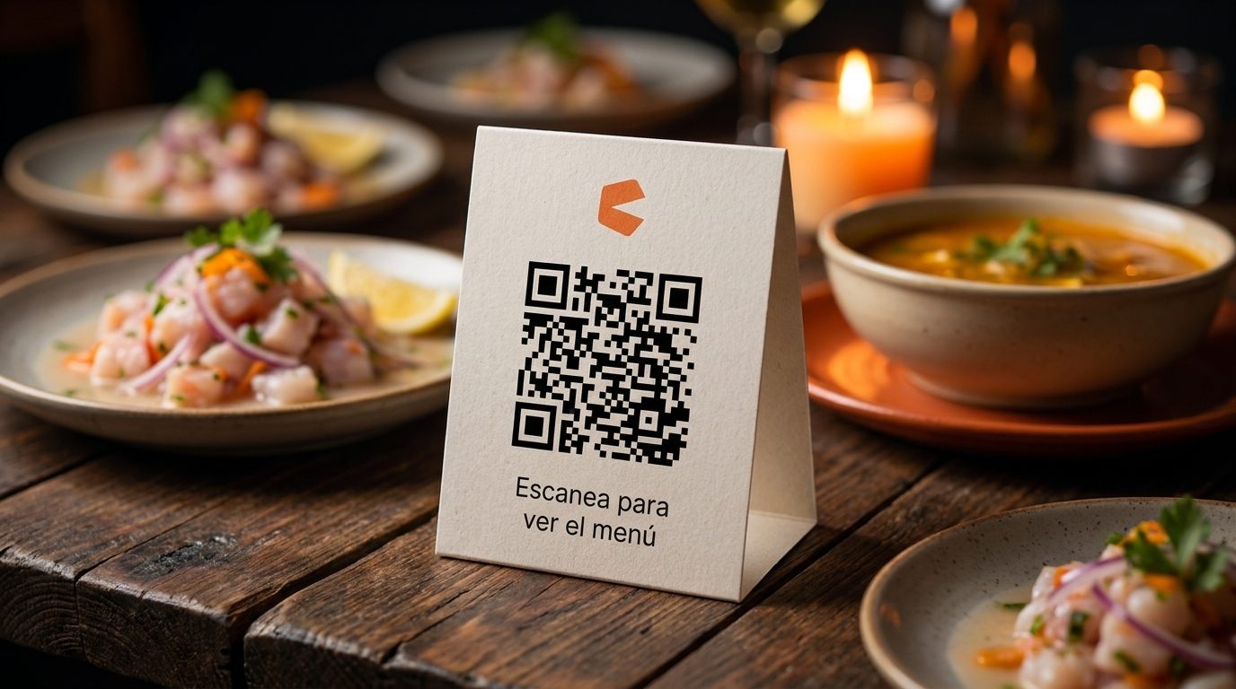 Tarjeta impresa con código QR de Apetí sobre la mesa de un restaurante