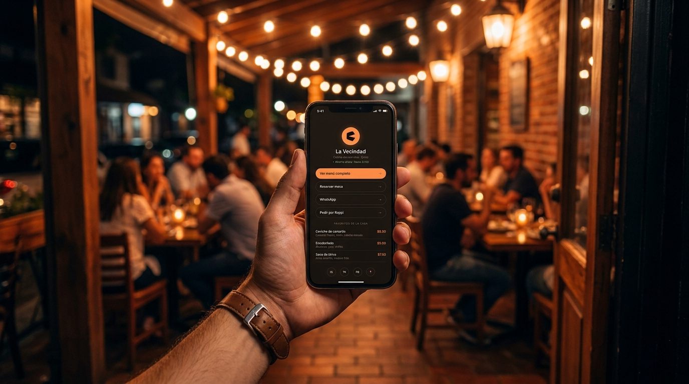 Dueño de restaurante aprobando una reserva desde su teléfono en la entrada del local