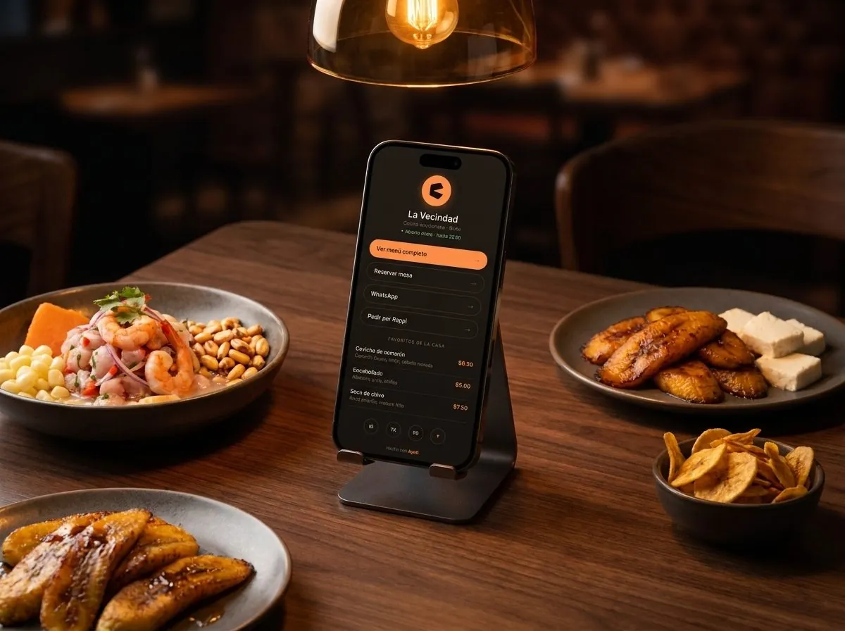Menú digital de Apetí en un teléfono sobre una mesa con platos ecuatorianos