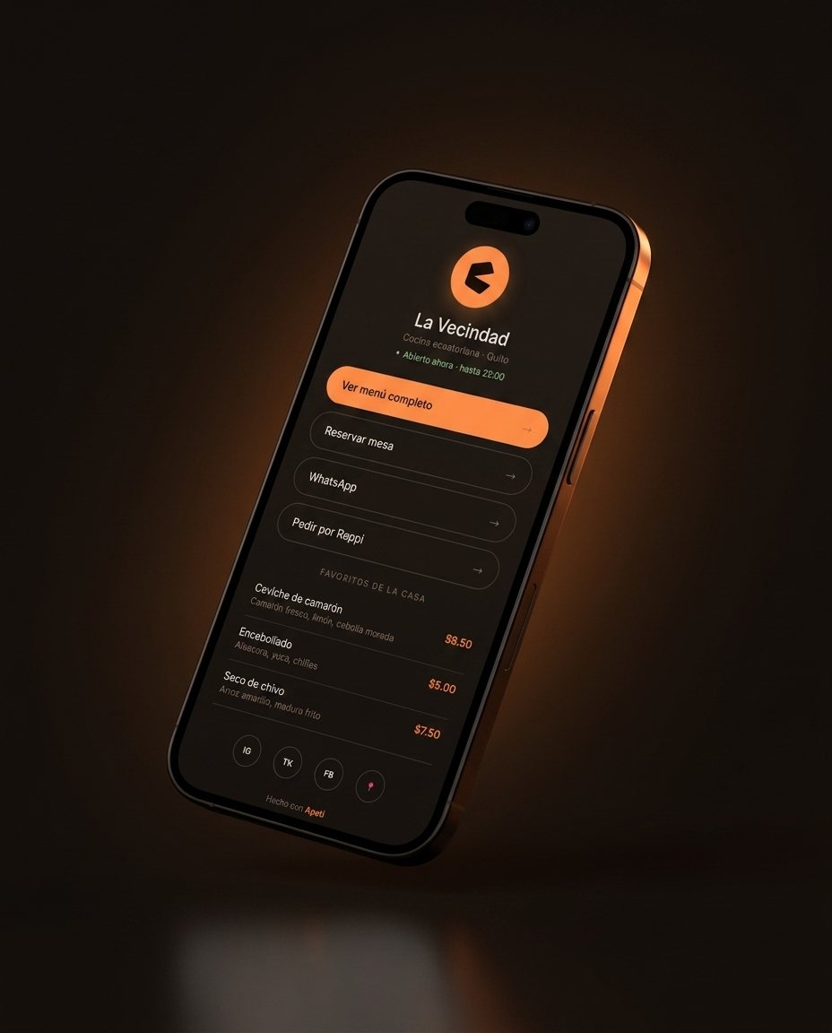 Teléfono mostrando la página de un restaurante en Apetí: menú, reservas y WhatsApp en un solo link